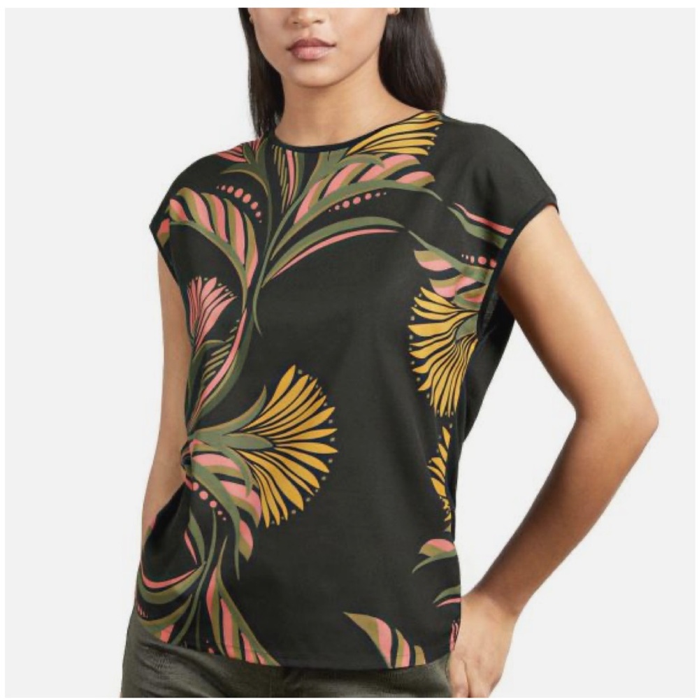 Ted Baker Women’s Paisley Deco Printed Top Black w/ Floral Cap Sleeve Sz 4